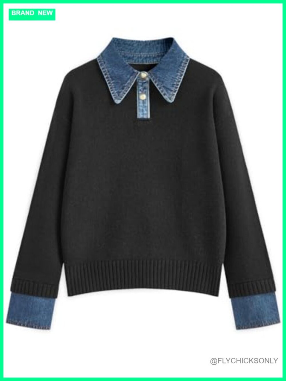 Womens Oversized Denim Polo Knit Collared Sweater Button Up Pullover